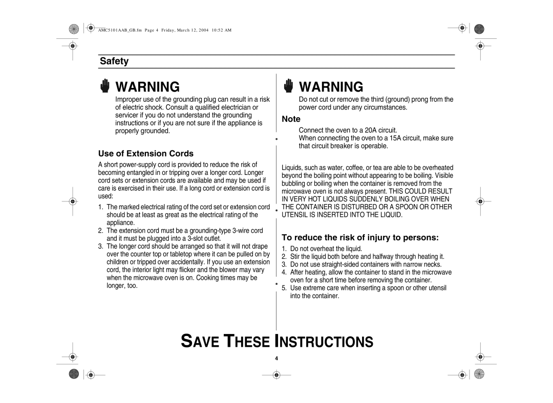 Amana AMC5101AAB/W, AMC5101AAS owner manual Use of Extension Cords 