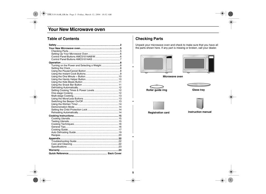 Amana AMC5101AAS, AMC5101AAB/W owner manual Your New Microwave oven, Table of Contents, Checking Parts 