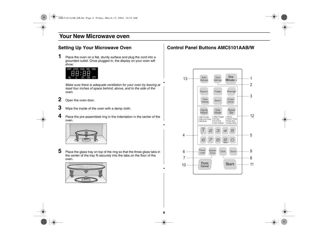 Amana AMC5101AAS owner manual Setting Up Your Microwave Oven, Control Panel Buttons AMC5101AAB/W 