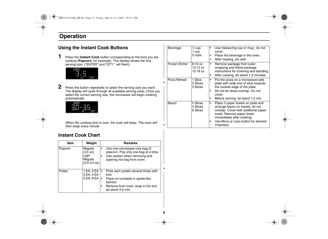 Amana AMC5101AAS, AMC5101AAB/W owner manual Using the Instant Cook Buttons, Instant Cook Chart 