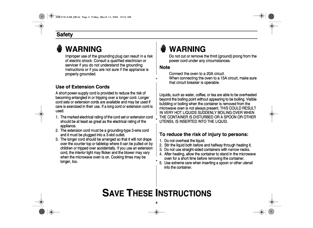 Amana AMC5101AAB/W Use of Extension Cords, To reduce the risk of injury to persons, Save These Instructions, Safety 