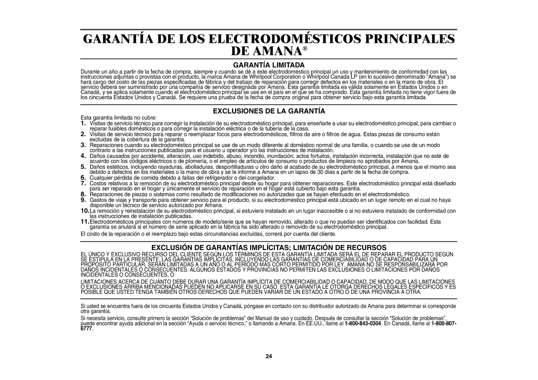 Amana AMC5101AAW Garantía DE LOS Electrodomésticos Principales DE Amana, Garantía Limitada, Exclusiones DE LA Garantía 