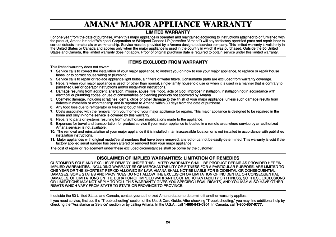 Amana AMC5101AAW warranty Amana Major Appliance Warranty, Limited Warranty, Items Excluded From Warranty 