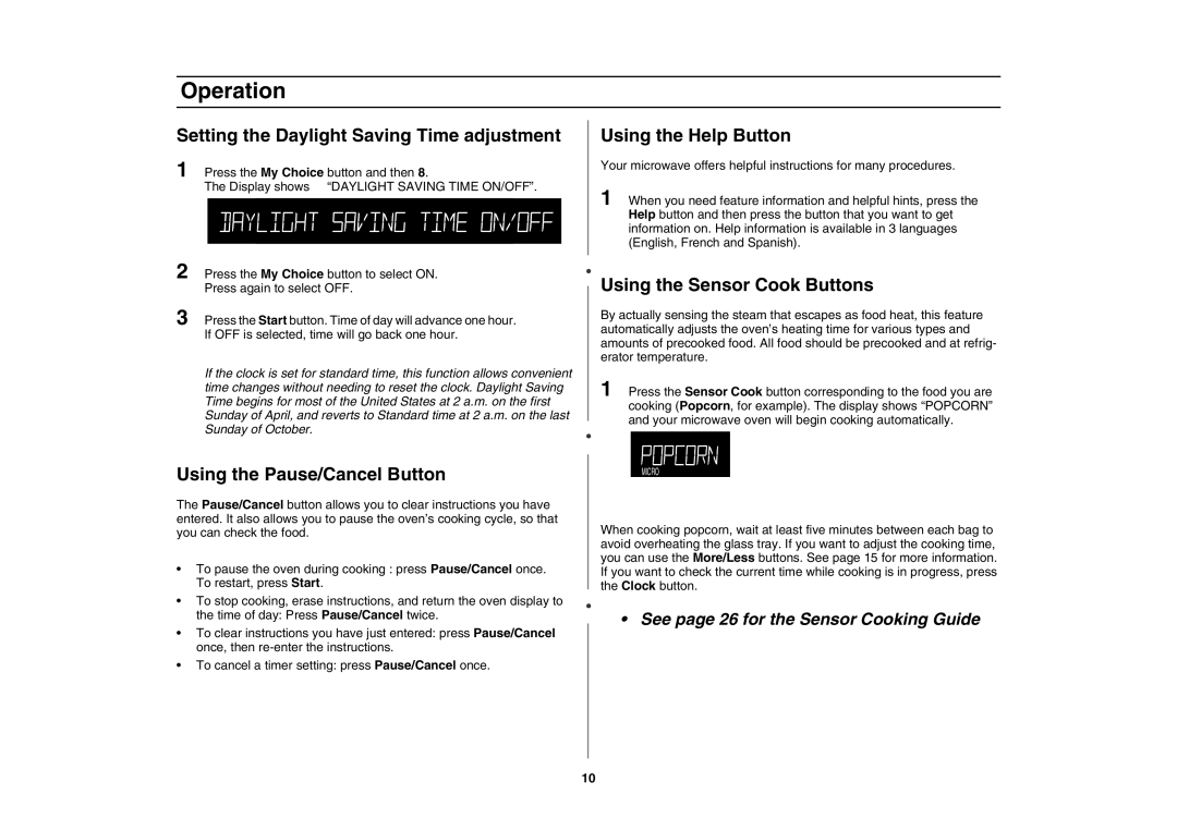 Amana AMC5143AAS Setting the Daylight Saving Time adjustment, Using the Pause/Cancel Button, Using the Help Button 