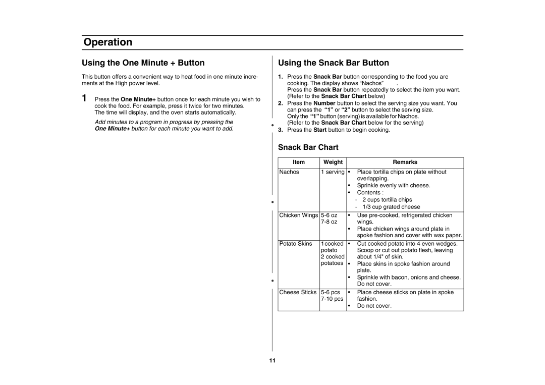 Amana AMC5143AAB, AMC5143AAS Using the One Minute + Button, Using the Snack Bar Button, Snack Bar Chart, Weight Remarks 