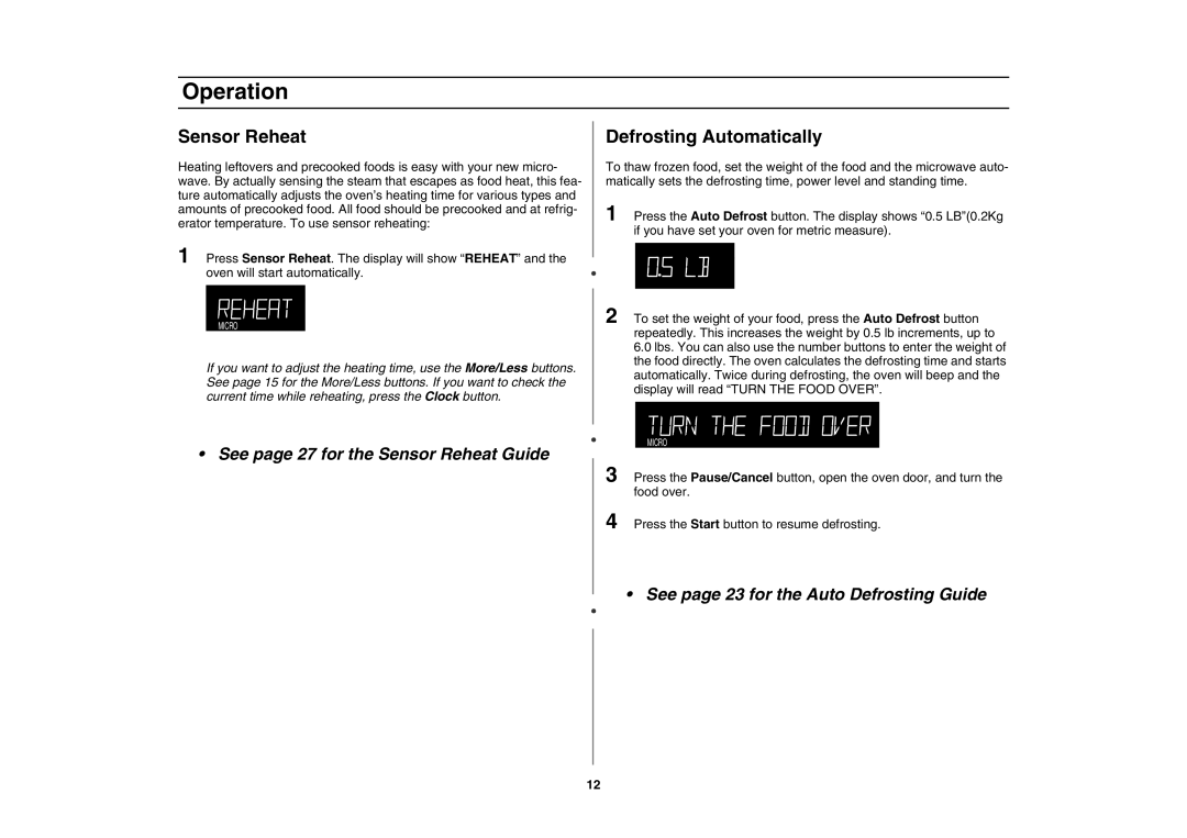 Amana AMC5143AAS, AMC5143AAB owner manual Sensor Reheat, Defrosting Automatically 