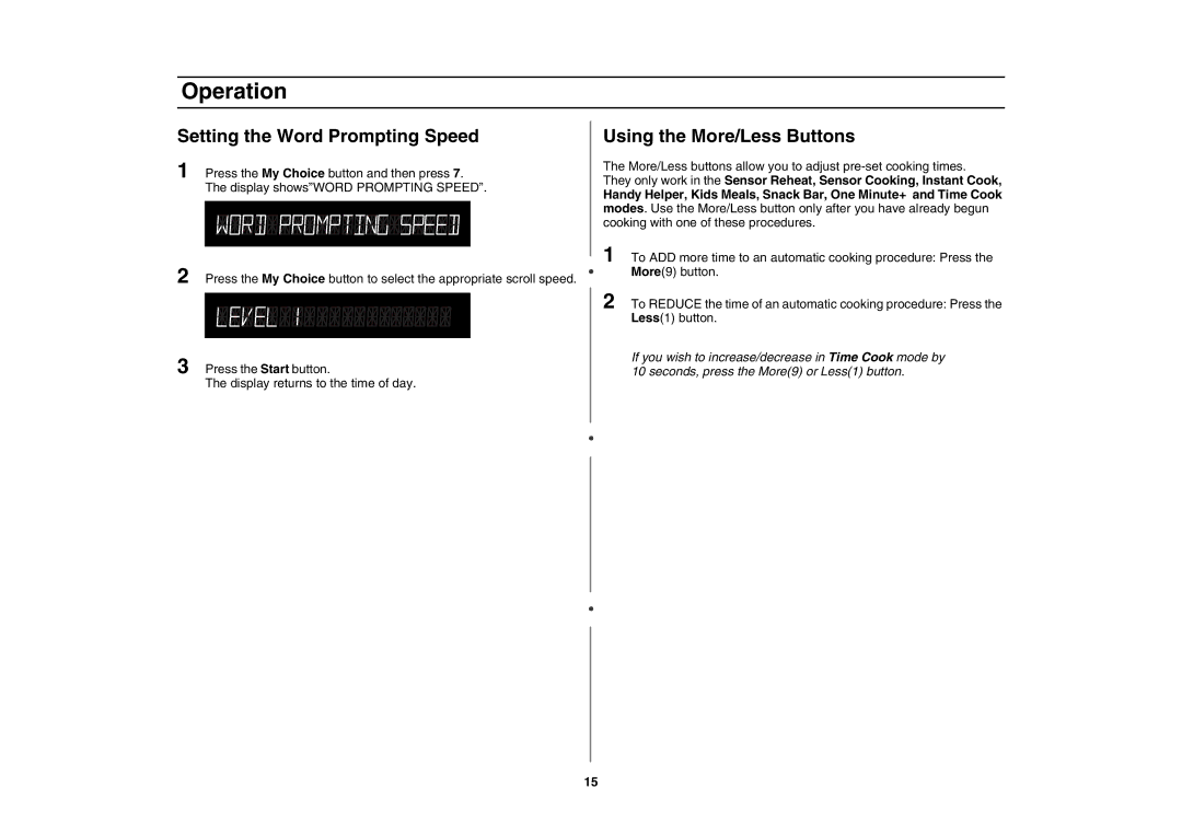 Amana AMC5143AAB, AMC5143AAS owner manual Setting the Word Prompting Speed, Using the More/Less Buttons 