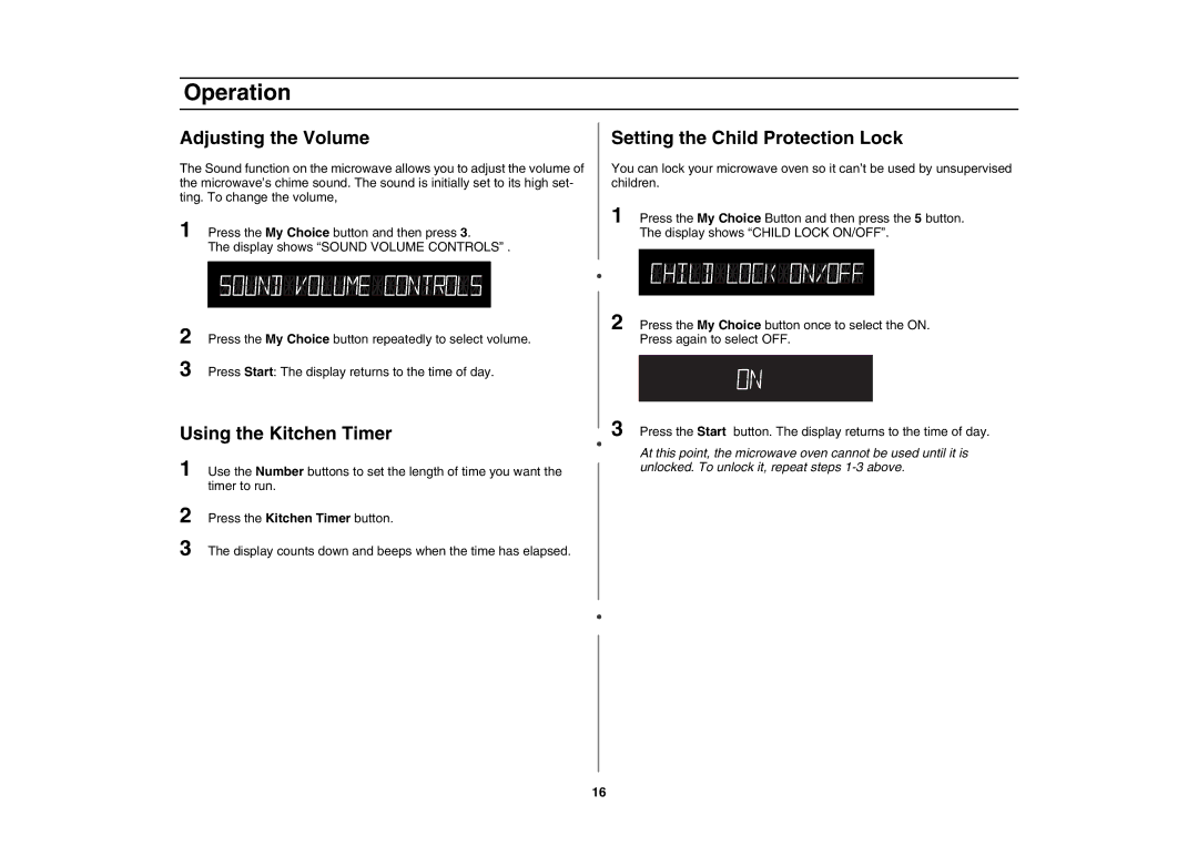 Amana AMC5143AAS, AMC5143AAB owner manual Adjusting the Volume, Setting the Child Protection Lock, Using the Kitchen Timer 