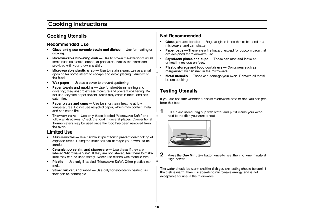 Amana AMC5143AAS, AMC5143AAB owner manual Cooking Instructions, Cooking Utensils, Testing Utensils 