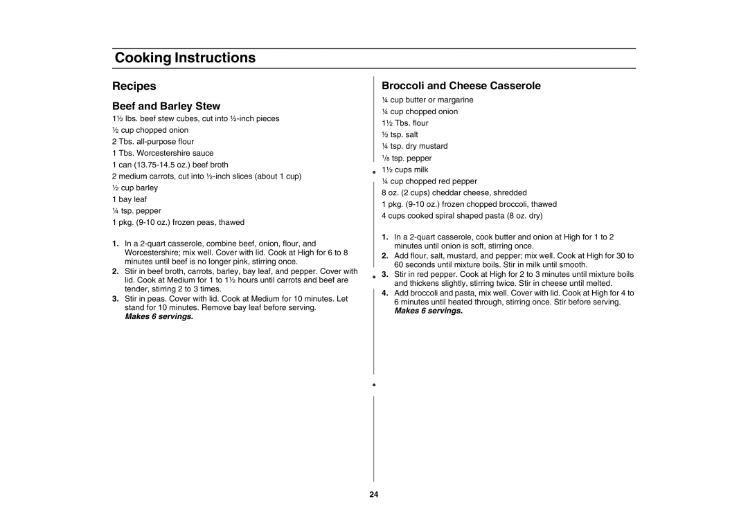 Amana AMC5143AAS, AMC5143AAB owner manual Recipes, Beef and Barley Stew, Broccoli and Cheese Casserole 