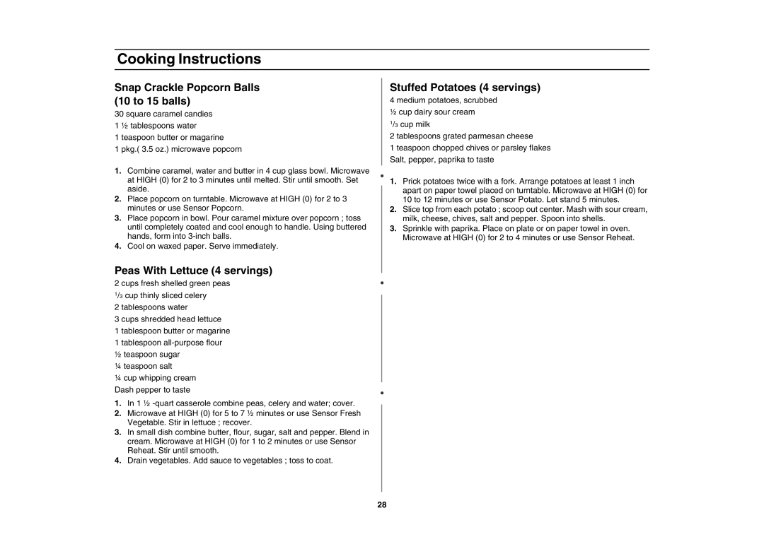 Amana AMC5143AAS Snap Crackle Popcorn Balls 10 to 15 balls, Peas With Lettuce 4 servings, Stuffed Potatoes 4 servings 