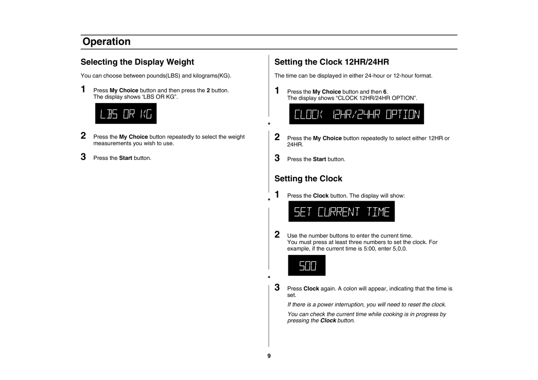 Amana AMC5143AAB, AMC5143AAS owner manual Selecting the Display Weight, Setting the Clock 12HR/24HR 