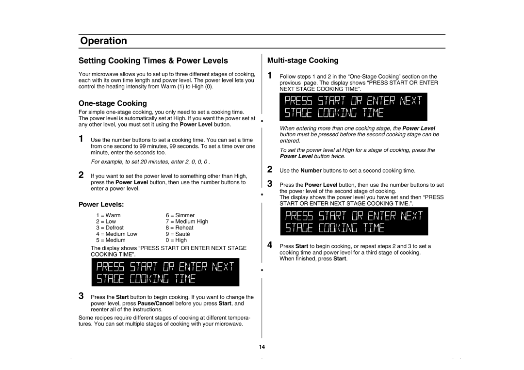 Amana AMC5143BCW, AMC5143BCQ, AMC5143AAQ, AMC5143AAW owner manual Setting Cooking Times & Power Levels, One-stage Cooking 