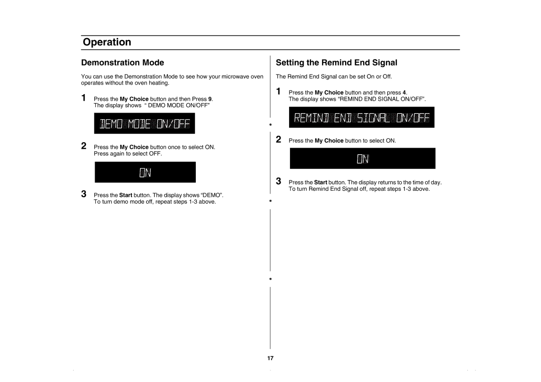 Amana AMC5143AAQ, AMC5143BCQ, AMC5143BCW, AMC5143AAW owner manual Demonstration Mode, Setting the Remind End Signal 