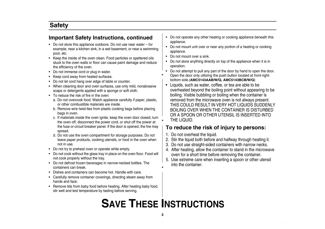 Amana AMC5143AAW, AMC5143BCQ, AMC5143AAQ, AMC5143BCW owner manual Important Safety Instructions 