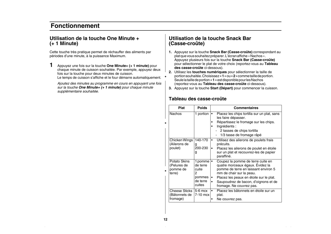 Amana AMC5143BCW Utilisation de la touche One Minute + + 1 Minute, Utilisation de la touche Snack Bar Casse-croûte 