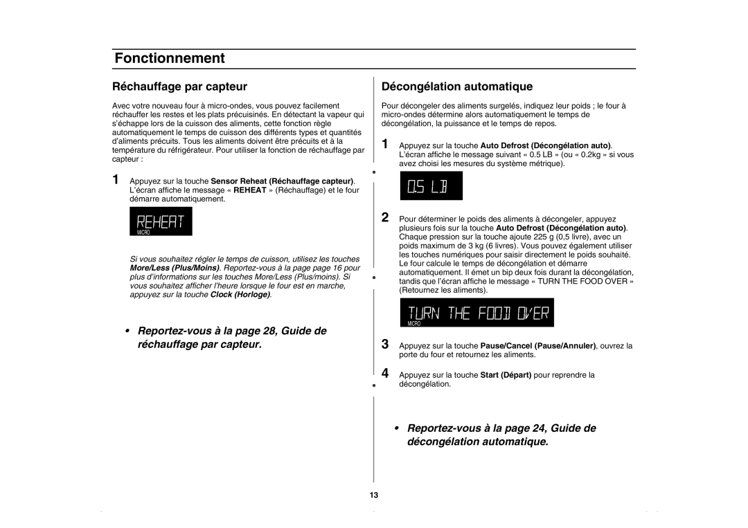 Amana AMC5143AAW, AMC5143BCQ, AMC5143AAQ, AMC5143BCW owner manual Réchauffage par capteur, Décongélation automatique 