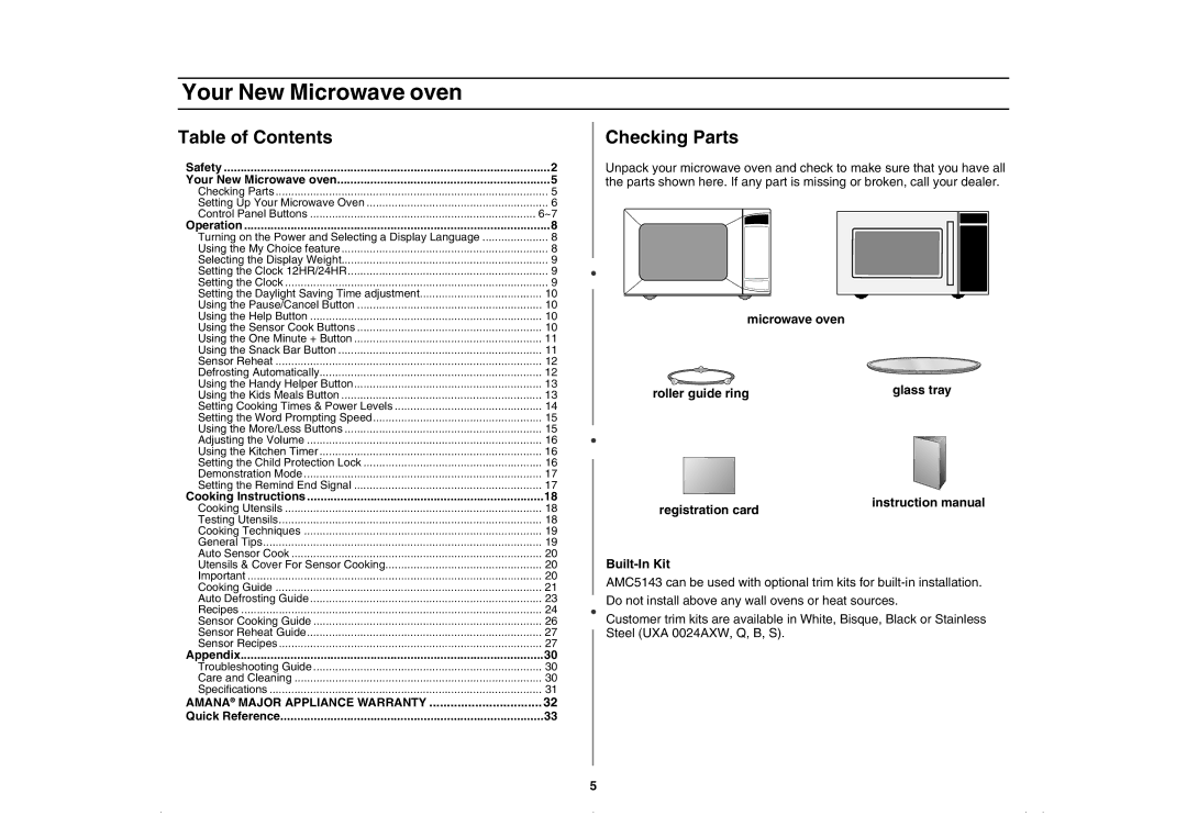 Amana AMC5143AAQ, AMC5143BCQ, AMC5143BCW, AMC5143AAW owner manual Your New Microwave oven, Table of Contents, Checking Parts 