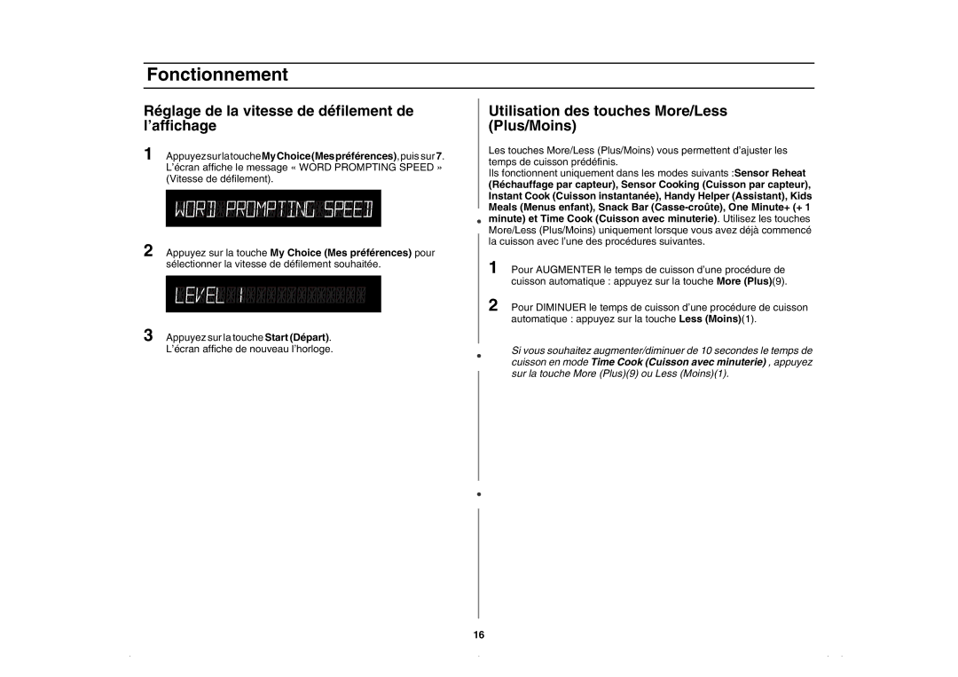 Amana AMC5143BCW Réglage de la vitesse de défilement de l’affichage, Utilisation des touches More/Less Plus/Moins 