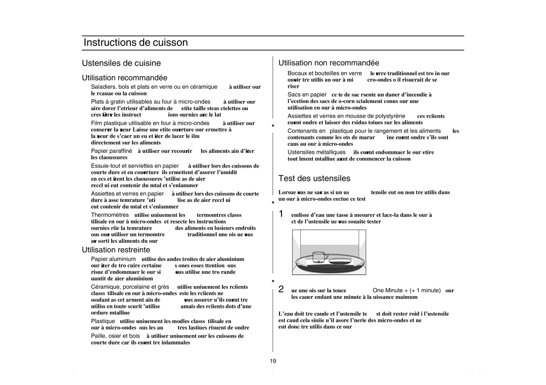 Amana AMC5143AAQ, AMC5143BCQ, AMC5143BCW, AMC5143AAW Instructions de cuisson, Ustensiles de cuisine, Test des ustensiles 