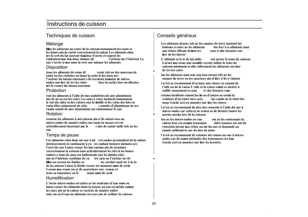 Amana AMC5143BCW, AMC5143BCQ, AMC5143AAQ, AMC5143AAW owner manual Techniques de cuisson, Conseils généraux 