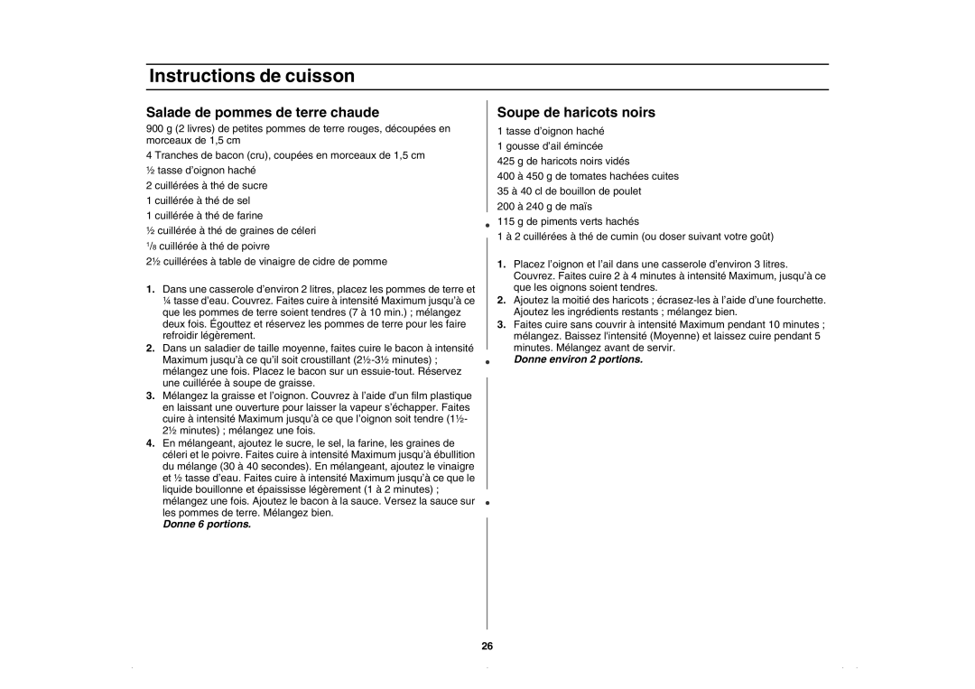 Amana AMC5143BCQ, AMC5143AAQ, AMC5143BCW, AMC5143AAW owner manual Salade de pommes de terre chaude, Soupe de haricots noirs 