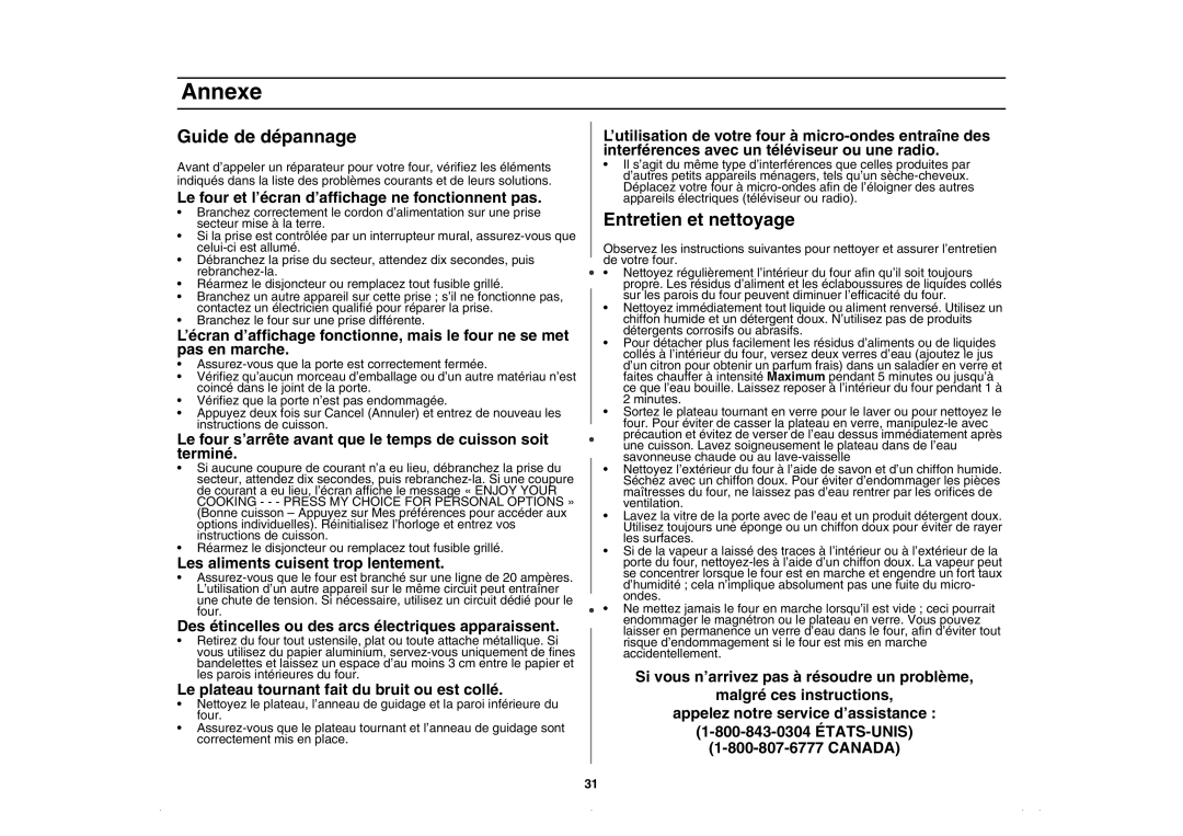 Amana AMC5143AAQ, AMC5143BCQ, AMC5143BCW, AMC5143AAW owner manual Annexe, Guide de dépannage, Entretien et nettoyage 