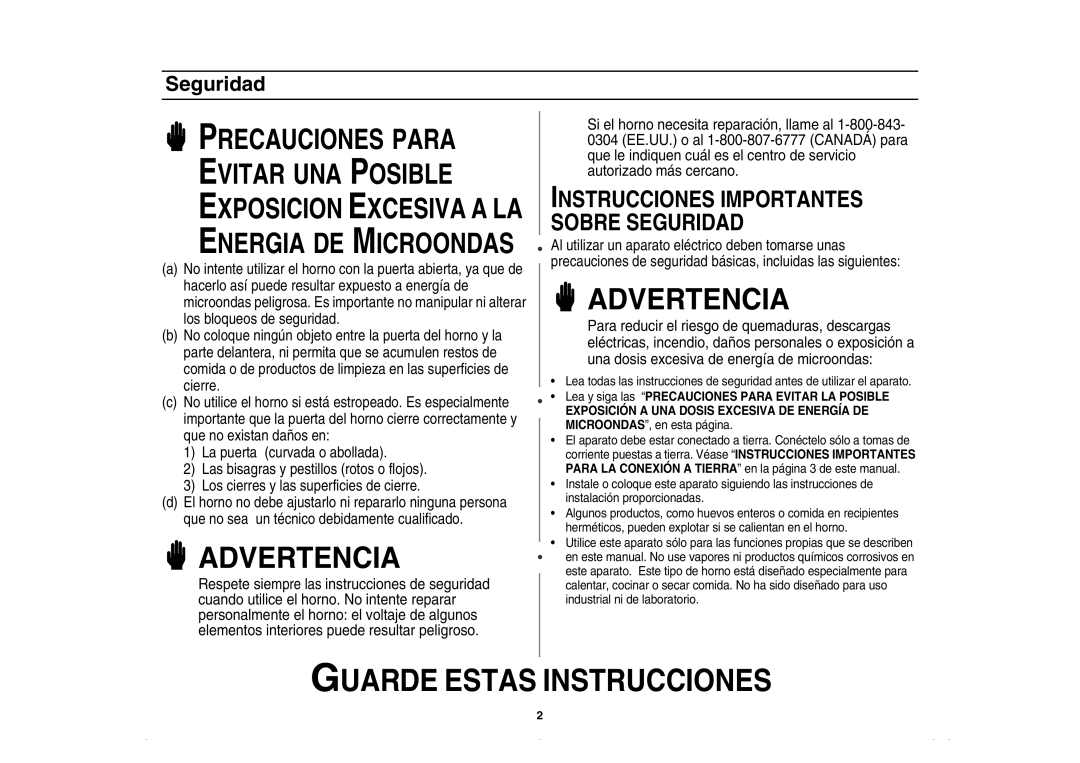 Amana AMC5143BCQ, AMC5143AAQ, AMC5143BCW, AMC5143AAW owner manual Advertencia, Seguridad 