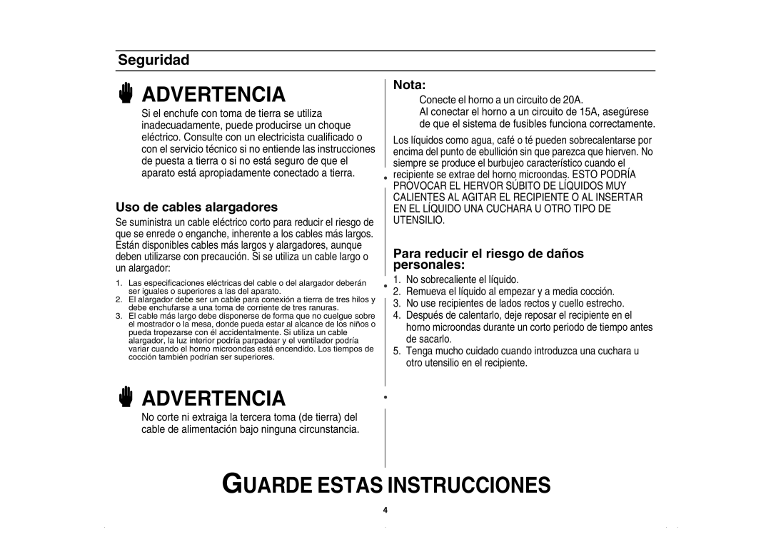 Amana AMC5143BCW, AMC5143BCQ, AMC5143AAQ, AMC5143AAW owner manual Uso de cables alargadores 