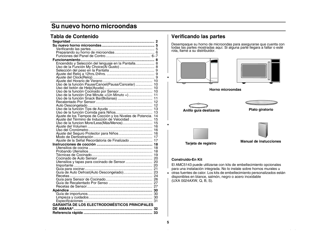 Amana AMC5143AAW, AMC5143BCQ, AMC5143AAQ, AMC5143BCW Su nuevo horno microondas, Tabla de Contenido, Verificando las partes 