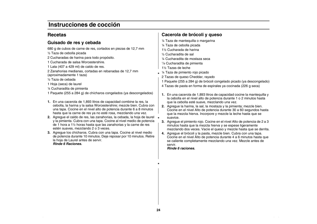 Amana AMC5143BCW, AMC5143BCQ, AMC5143AAQ, AMC5143AAW Recetas, Guisado de res y cebada, Cacerola de brócoli y queso 