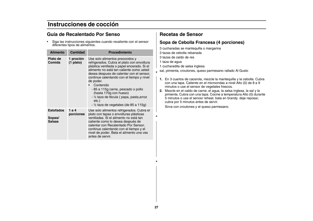 Amana AMC5143AAQ, AMC5143BCQ Guía de Recalentado Por Senso, Recetas de Sensor, Sopa de Cebolla Francesa 4 porciones 