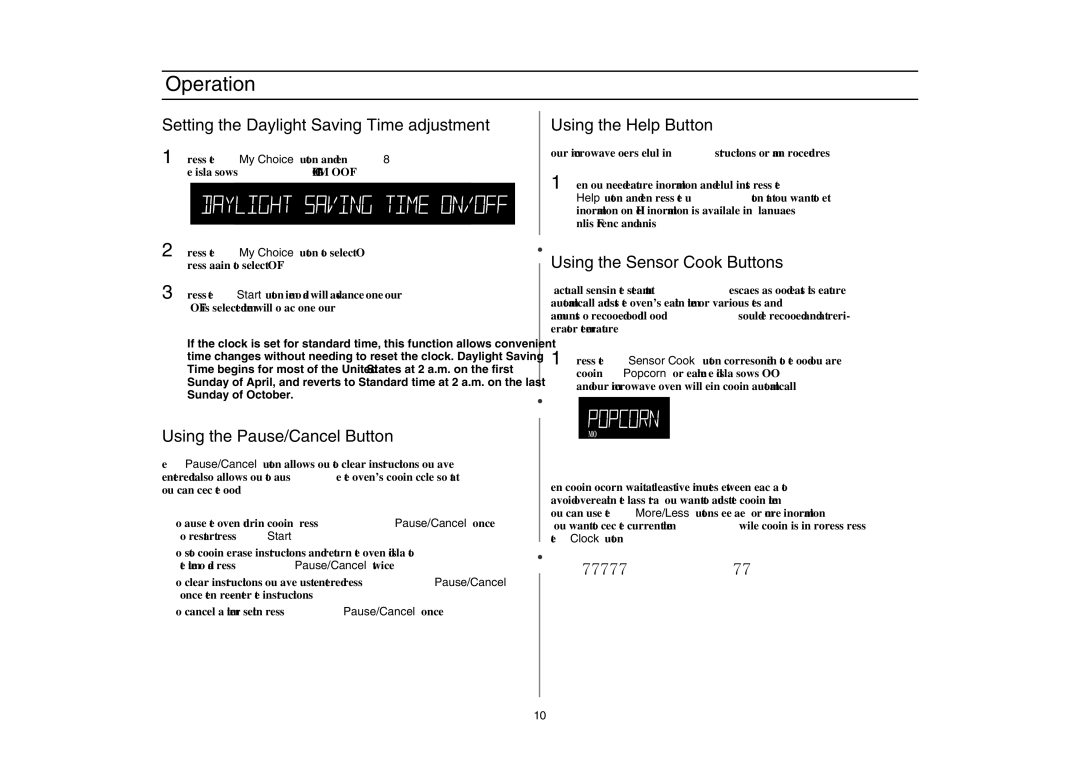 Amana AMC5143BCS Setting the Daylight Saving Time adjustment, Using the Pause/Cancel Button, Using the Help Button 