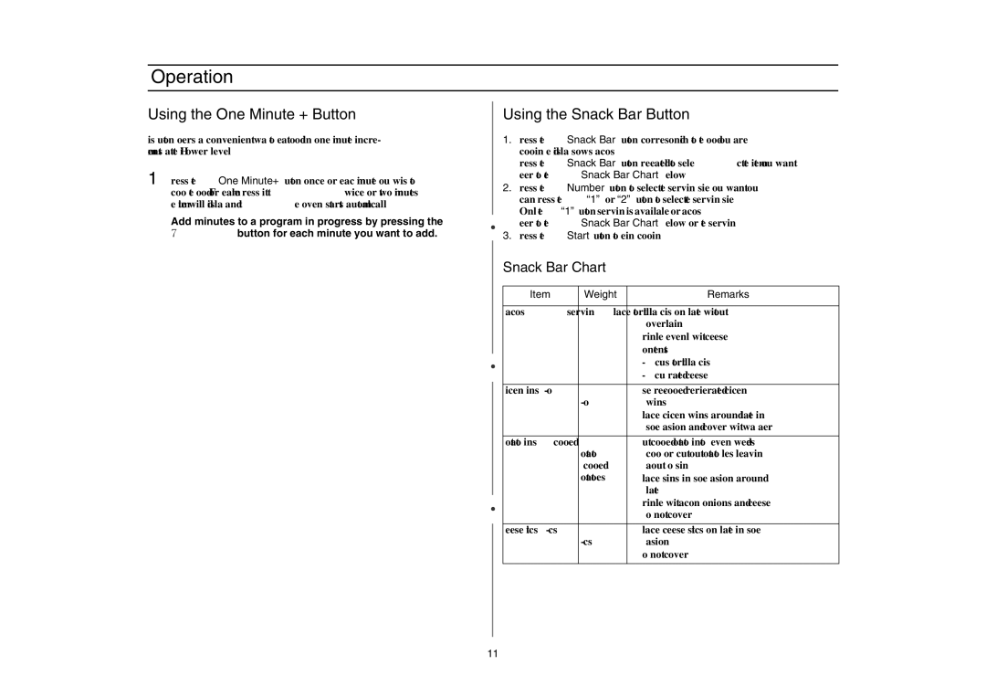 Amana AMC5143BCB/W/Q Using the One Minute + Button, Using the Snack Bar Button, Snack Bar Chart, Weight Remarks 