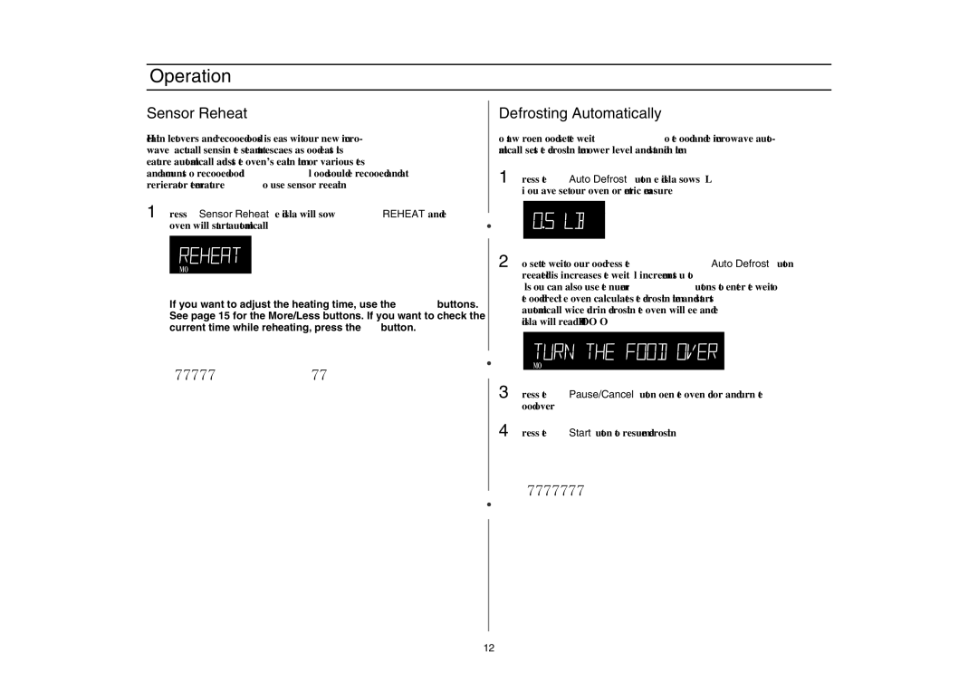 Amana AMC5143BCS, AMC5143BCB/W/Q owner manual Sensor Reheat, Defrosting Automatically 