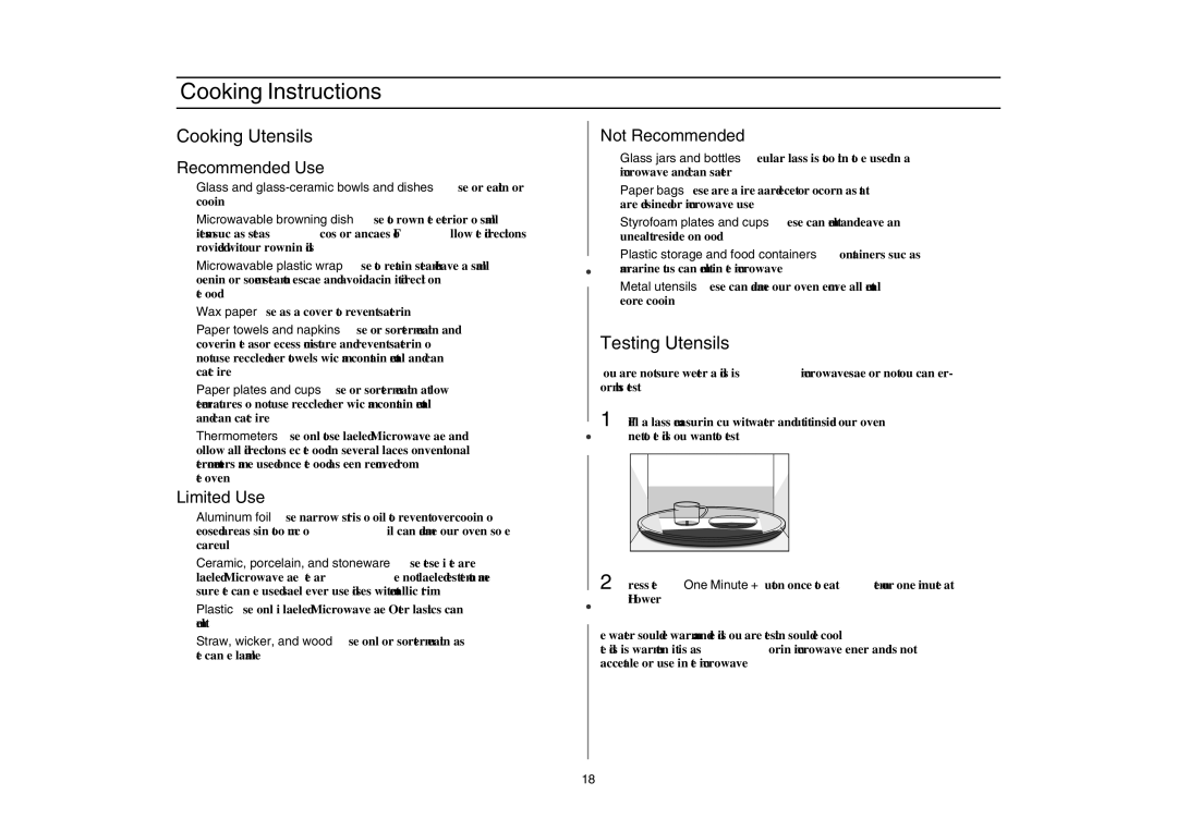 Amana AMC5143BCS, AMC5143BCB/W/Q owner manual Cooking Instructions, Cooking Utensils, Testing Utensils 