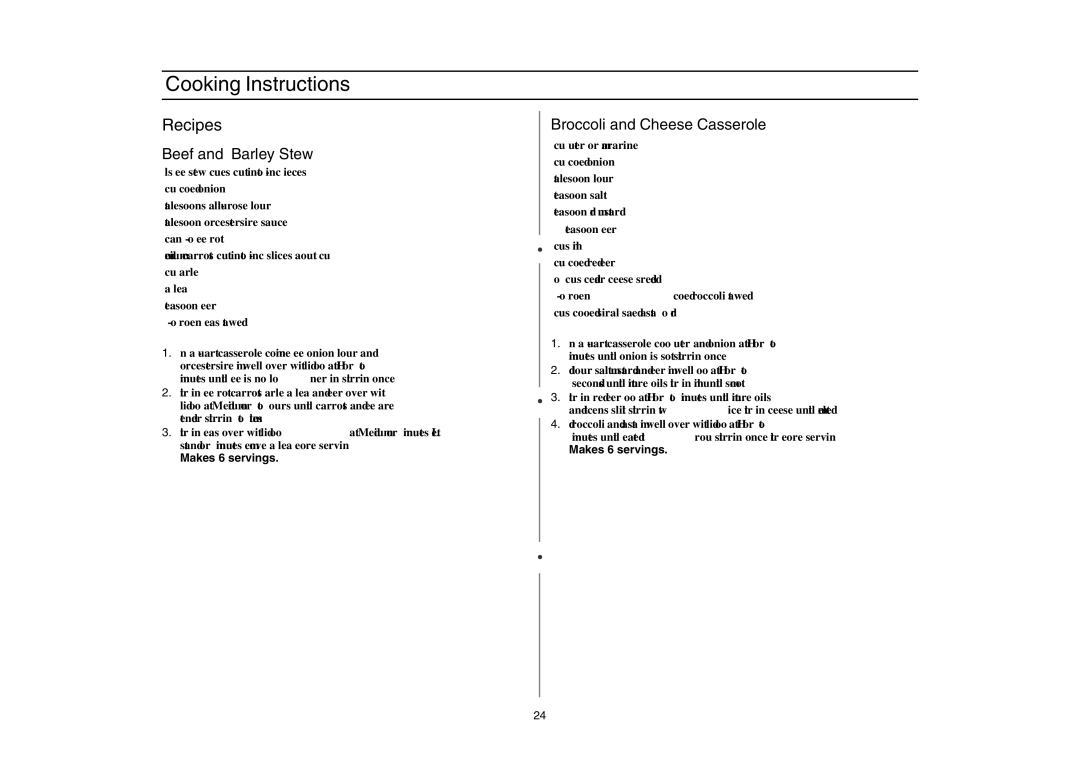 Amana AMC5143BCS, AMC5143BCB/W/Q owner manual Recipes, Beef and Barley Stew, Broccoli and Cheese Casserole 