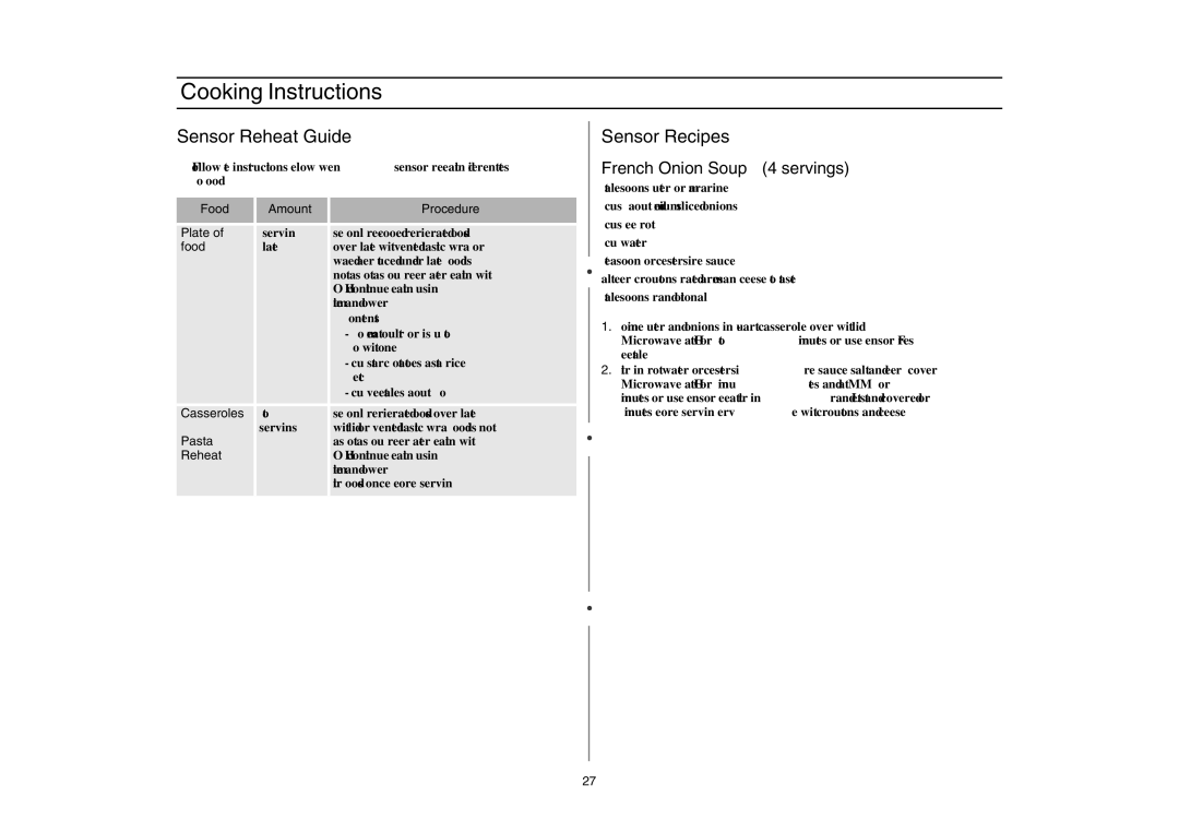 Amana AMC5143BCB/W/Q, AMC5143BCS owner manual Sensor Reheat Guide, Sensor Recipes, French Onion Soup 4 servings 