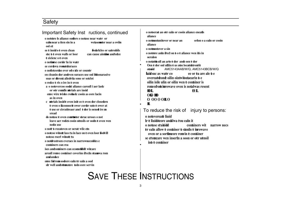 Amana AMC5143BCB/W/Q, AMC5143BCS owner manual Important Safety Instructions 