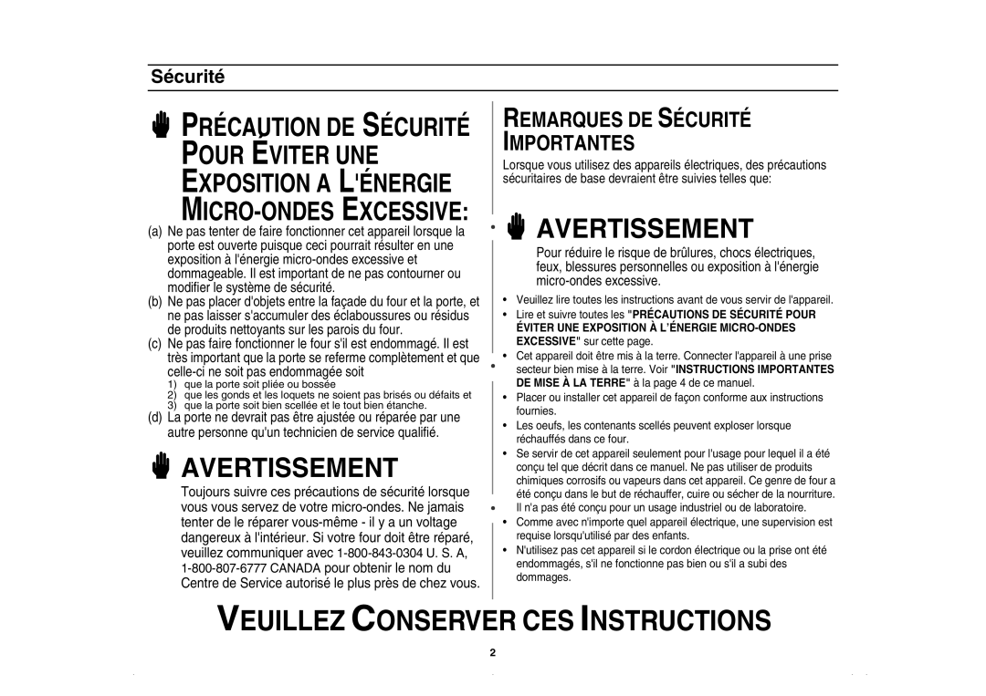 Amana AMC5143BCS, AMC5143BCB/W/Q owner manual Avertissement, Sécurité 