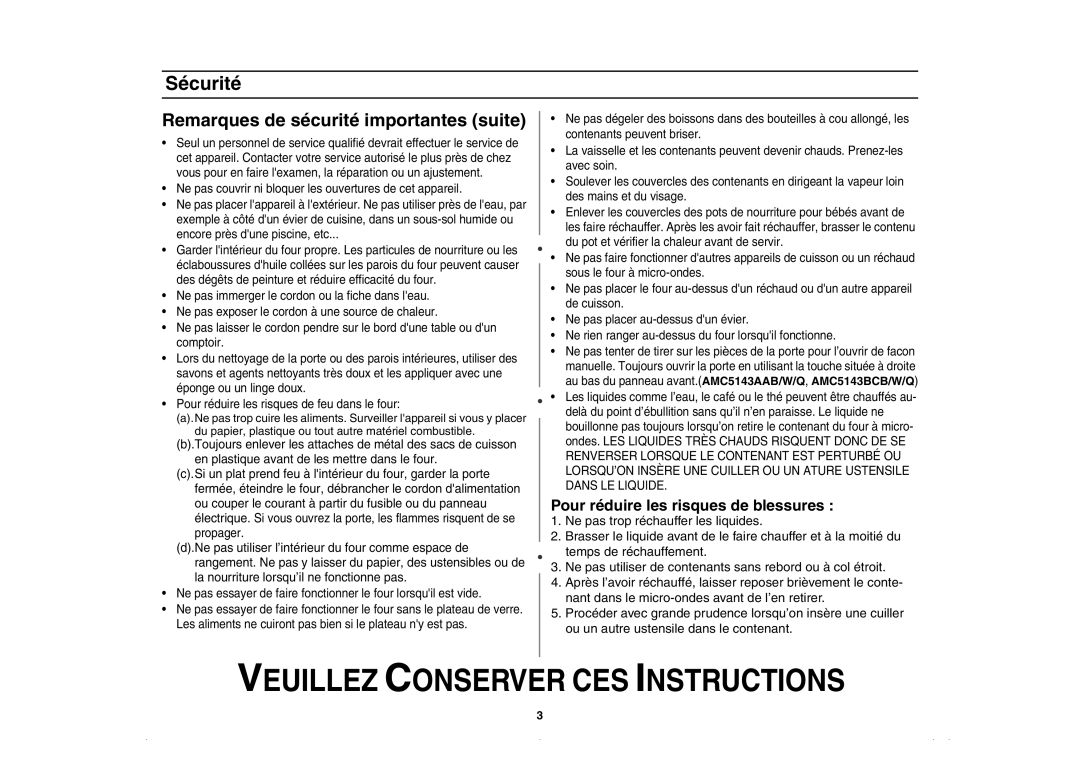 Amana AMC5143BCB/W/Q, AMC5143BCS owner manual Sécurité, Pour réduire les risques de blessures 