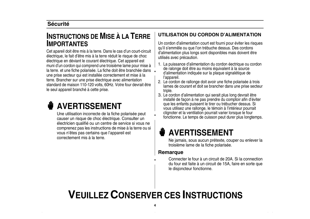 Amana AMC5143BCS, AMC5143BCB/W/Q owner manual Avertissement 