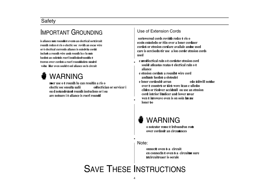 Amana AMC5143BCS, AMC5143BCB/W/Q owner manual Important Grounding, Use of Extension Cords 