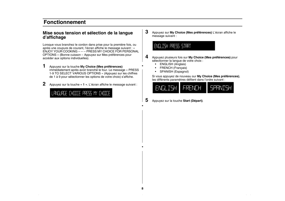 Amana AMC5143BCS, AMC5143BCB/W/Q owner manual Fonctionnement, Mise sous tension et sélection de la langue d’affichage 