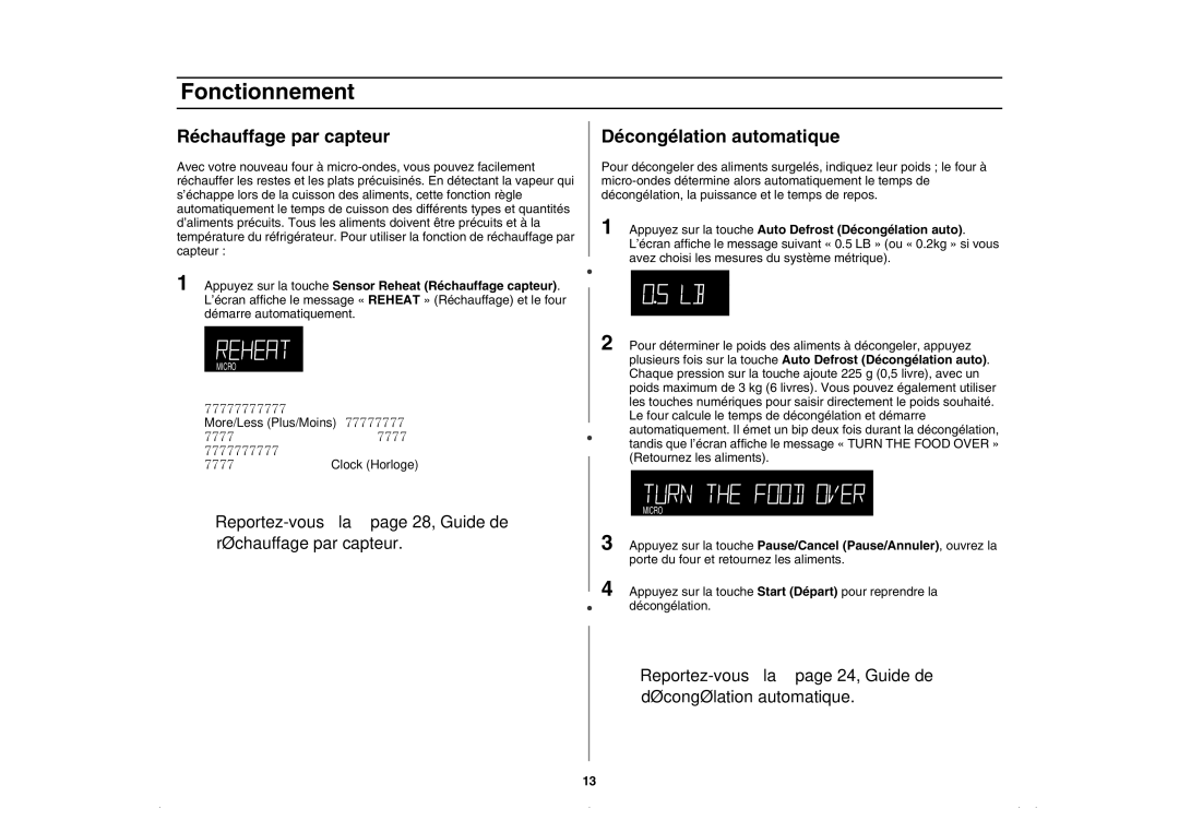 Amana AMC5143BCB/W/Q, AMC5143BCS owner manual Réchauffage par capteur, Décongélation automatique 