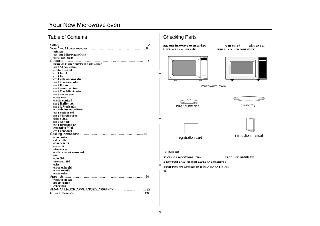 Amana AMC5143BCB/W/Q, AMC5143BCS owner manual Your New Microwave oven, Table of Contents, Checking Parts 