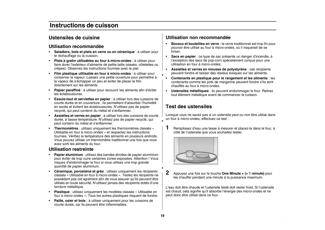 Amana AMC5143BCB/W/Q, AMC5143BCS owner manual Instructions de cuisson, Ustensiles de cuisine, Test des ustensiles 