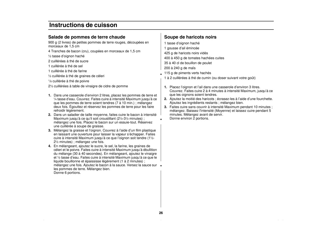 Amana AMC5143BCS, AMC5143BCB/W/Q owner manual Salade de pommes de terre chaude, Soupe de haricots noirs 