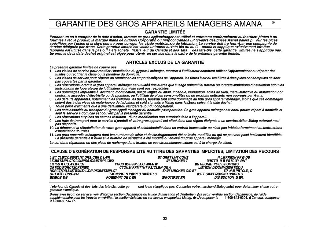 Amana AMC5143BCB/W/Q, AMC5143BCS owner manual Garantie DES Gros Appareils Ménagers Amana 