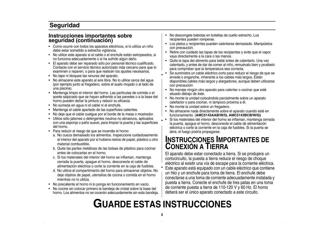 Amana AMC5143BCB/W/Q, AMC5143BCS owner manual Instrucciones Importantes DE Conexión a Tierra 